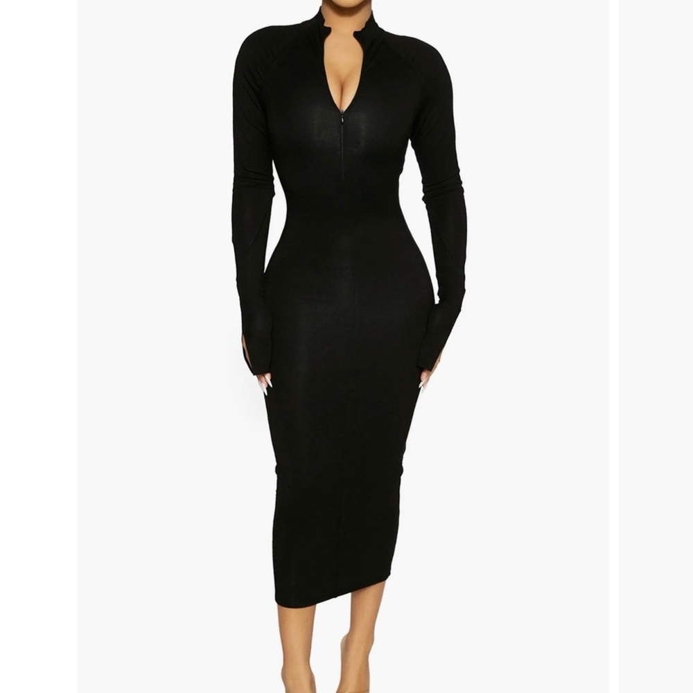 Naked Wardrobe Black Long Sleeve 1/4 Zip Dress Size M
